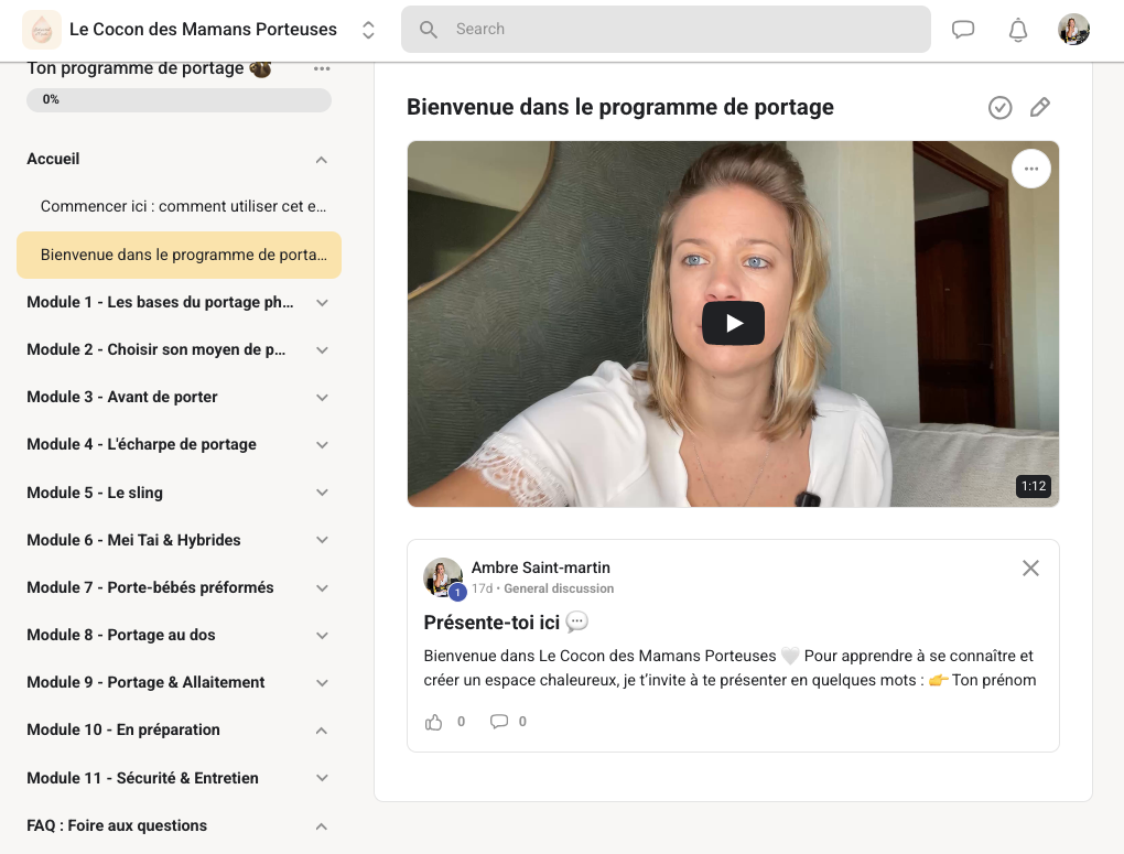 Aperçu de l’espace privé du programme et de la communauté